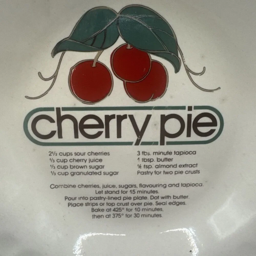 Vintage Retro 1980’s Ceramic Cherry Pie Plate with Recipe 10” Dish